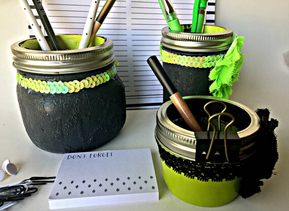 Green And Black Mason Jar Desk Set For Hin Mason Jar Etsy