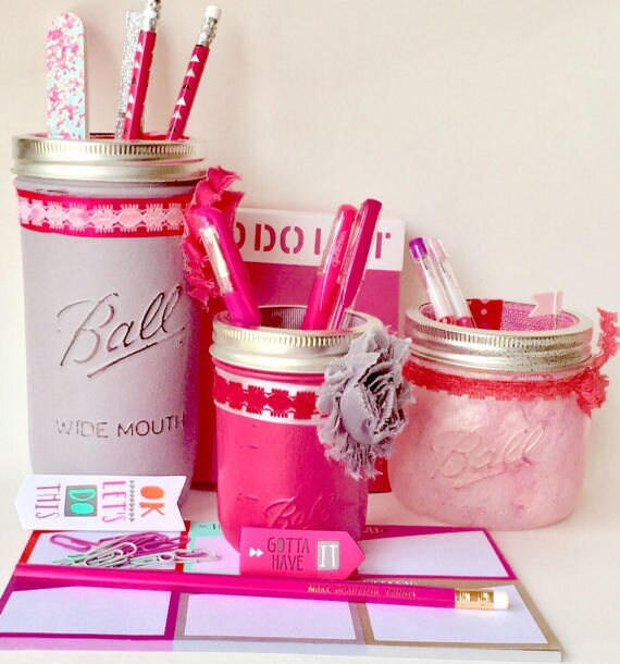 Mason Jar Desk Accessories For Women Coral Red Cute Office Etsy