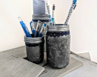 Modern Industrial Concrete textured Gray Mason Jar Desk  set,Limited edition, industrial office mason jar set, Industrial Decor, new job