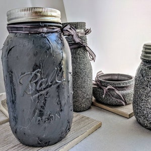 Modern Stone textured gray Mason Jar Vanity set,Limited edition, bathroom accessory set,make up holder gifts, Industrial Decor housewarming image 7