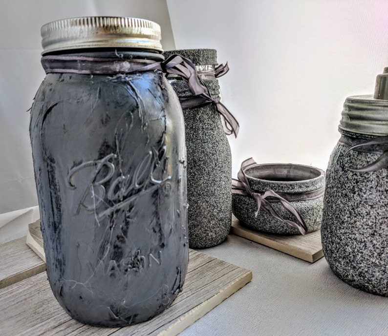 Modern Stone textured gray Mason Jar Vanity set,Limited edition, bathroom accessory set,make up holder gifts, Industrial Decor housewarming image 7