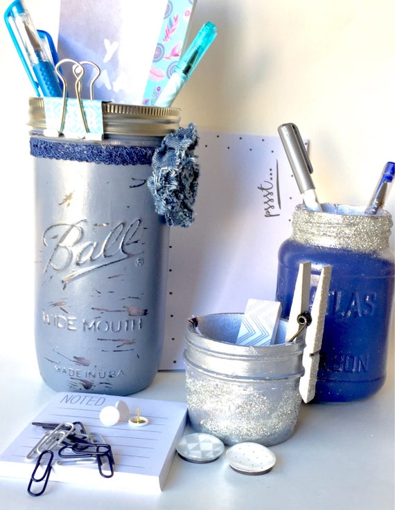 Blue Mason Jar Desk Set Denim Blue Desk Accessories For Women Etsy