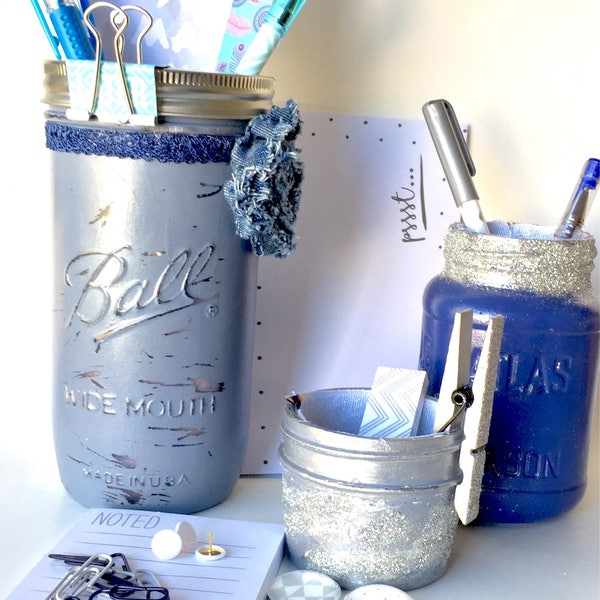 Blue Mason Jar Desk Set denim blue desk Accessories for women -Mason Jar Gifts - gifts under 20 Women's Office Supplies blue office decor