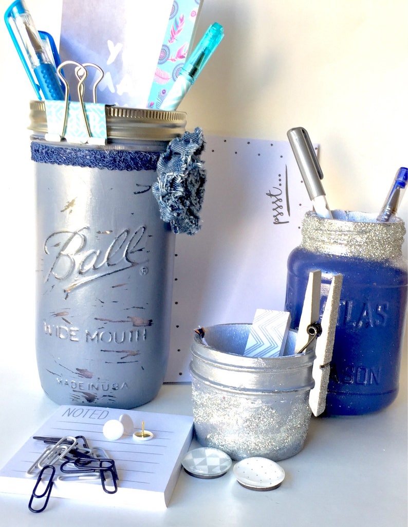Blue Mason Jar Desk Set Denim Accessories For Women Gifts Under 20 S Office Supplies Decor