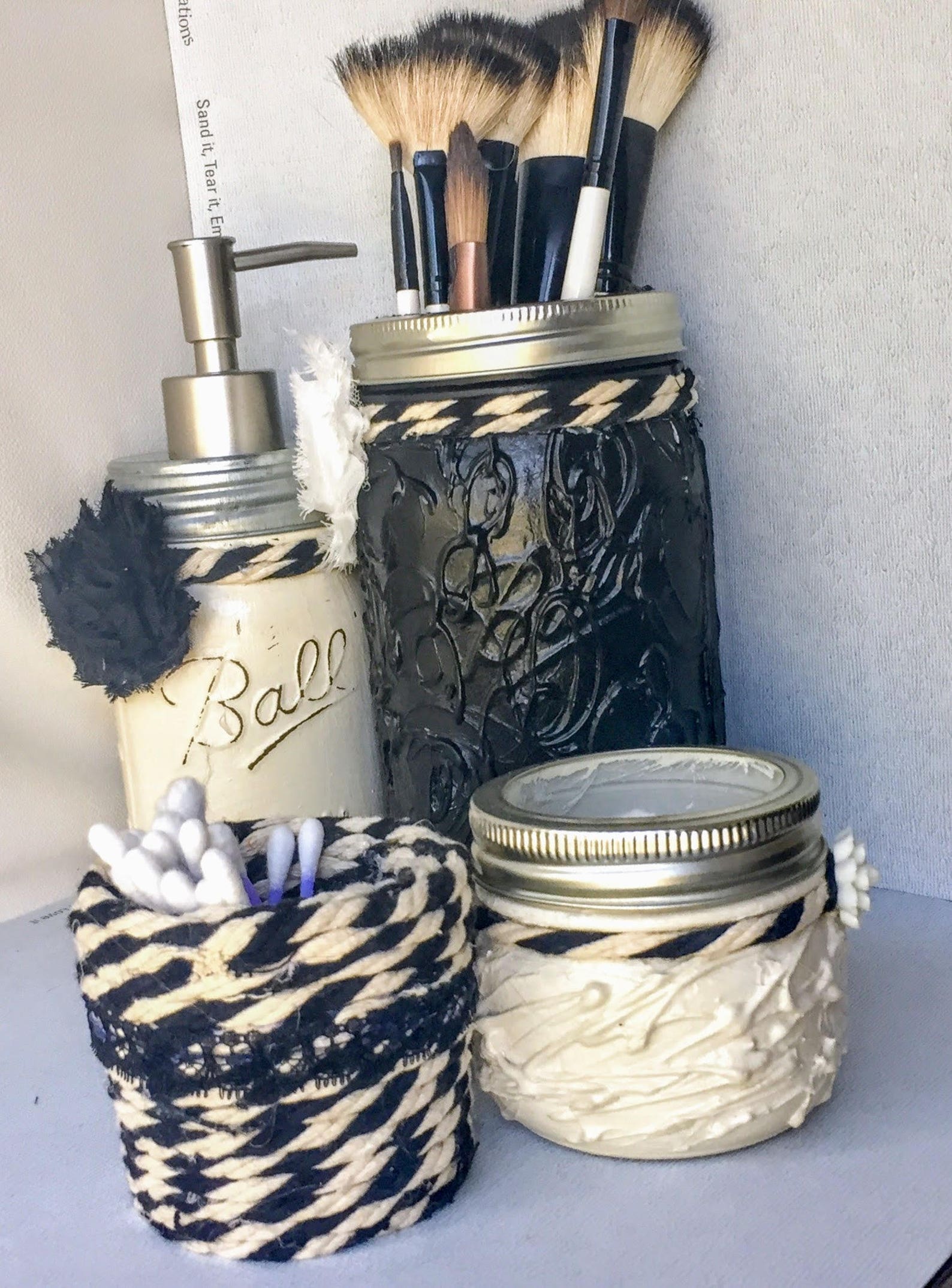 Black and White Bathroom Accessories Mason Jar Bathroom Set,black and