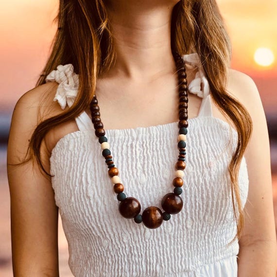 Boho Wood Bead Necklace: Long Statement Jewelry UK
