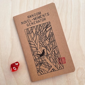 May include: A brown notebook with the text "RANDOM NOVEL-MOMENTS GENERATOR" printed on the front cover. The cover also features a black and white illustration of a bird in a tree.