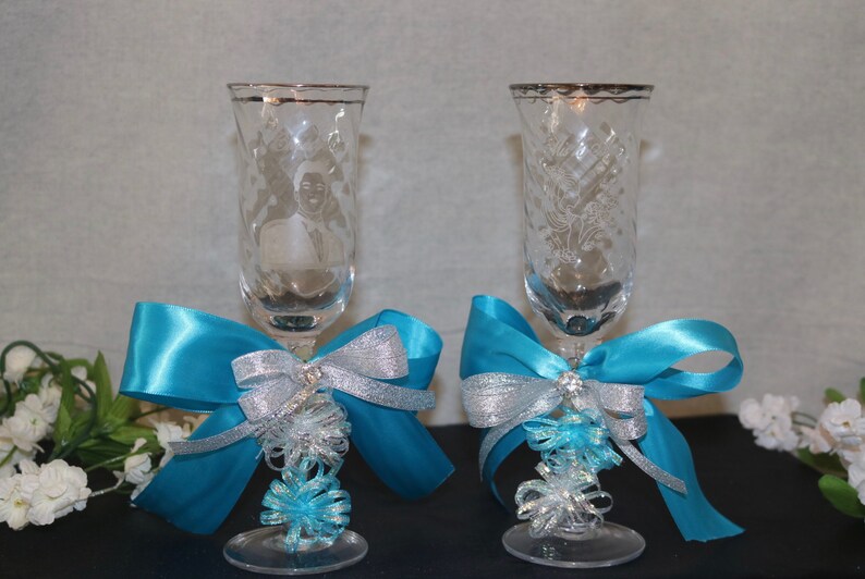Quinceanera Toasting Glasses Turquoise Satin Ribbon Pull Etsy