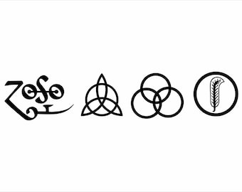 Può includere: Grafica in bianco e nero di quattro simboli. Il primo è la parola "Zoso" in un font stilizzato. Il secondo è un disegno a nodo. Il terzo sono tre cerchi intersecati. Il quarto è una piuma all'interno di un cerchio.