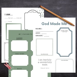 May include: A printable "God Made Me" worksheet with areas to fill in personal details, favorite things, and goals. The design features a green and white color scheme with decorative borders and the text "I am fearfully & wonderfully made."