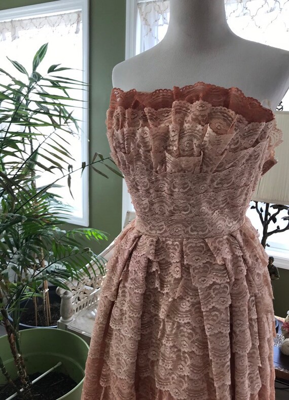 1950s Three Tier Ruffled Lace Pink Gown Excellent