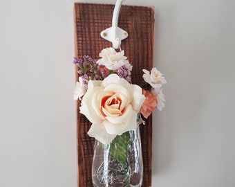 Reclaimed wood wall mounted sconces| Roses Floral Arrangement| Set of Mason Jar Sconces