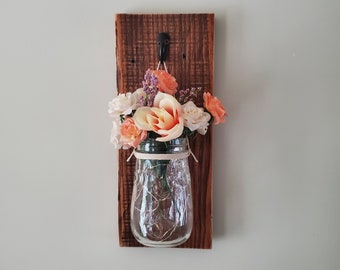 Reclaimed wood wall mounted sconces| Roses Floral Arrangement| Set of Mason Jar Sconces