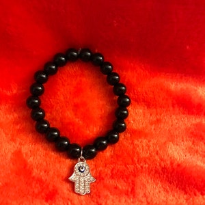 Black Tourmaline & Hamsa Hand Sustainable Handmade Bracelet