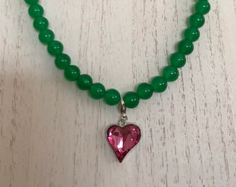 Green Jade Beaded Sustainable Handmade Necklace & Pink Swarovski Heart Pendant