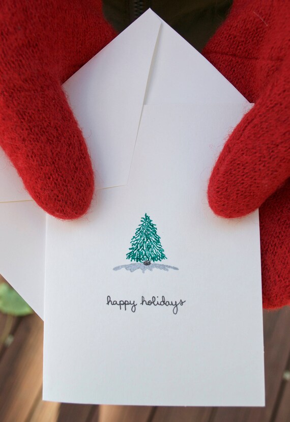 Little Christmas Tree Handmade Blank Holiday Card Ink Sketch Happy Holidays