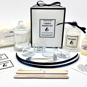May include: A candle making kit with natural soy wax, a glass jar, wicks, fragrance oil, and labels. The kit includes everything you need to make your own candles at home.