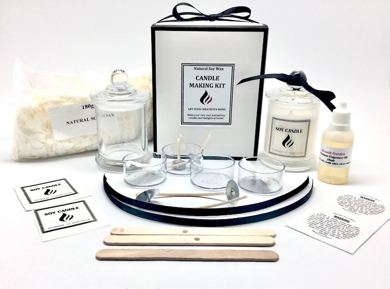 May include: A candle making kit with natural soy wax, a glass jar, wicks, fragrance oil, and labels. The kit includes everything you need to make your own candles at home.