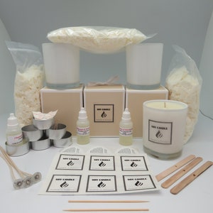 May include: A soy candle making kit with all the supplies needed to make your own candles. The kit includes soy wax flakes, glass jars, wicks, essential oils, and labels.