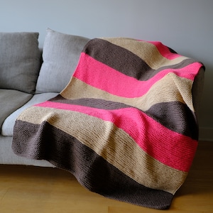Hand Knitted Soft Striped Blanket in Pink, Cream, and Brown