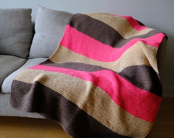 Hand Knitted Soft Striped Blanket in Pink, Cream, and Brown