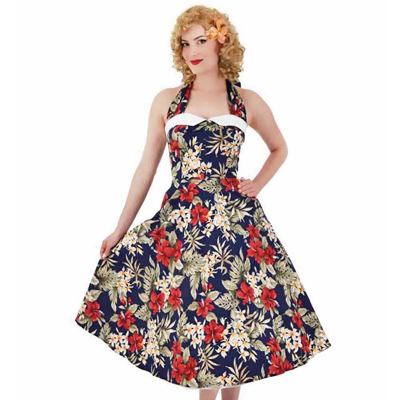 SALE-50s Style Hawaiian Print Halter Dress-1950s Inspired Blue | Etsy
