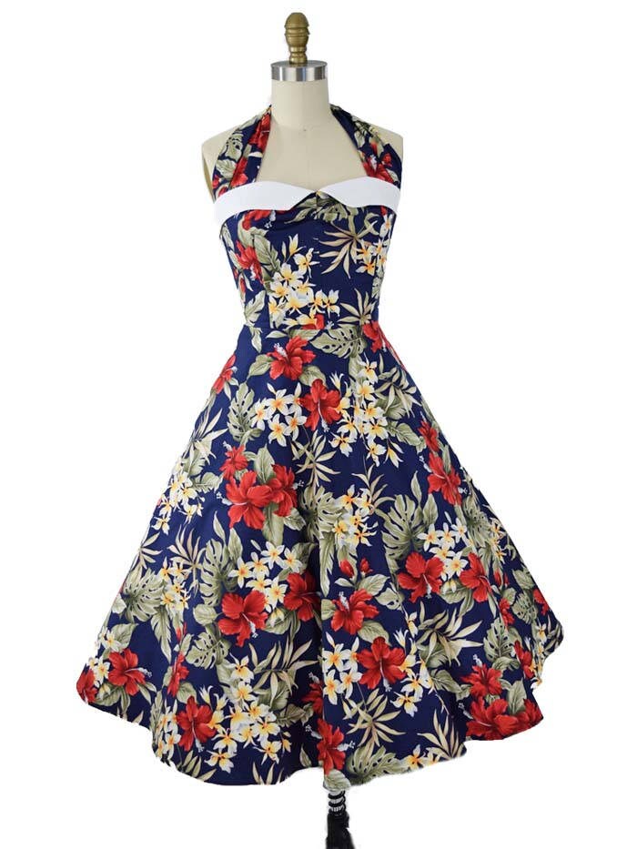 SALE-50s Style Hawaiian Print Halter Dress-1950s Inspired Blue | Etsy