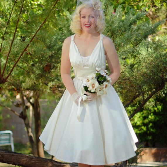 50s Style Ivory Tea Length Wedding Dress 1950s Inspired Cotton Etsy