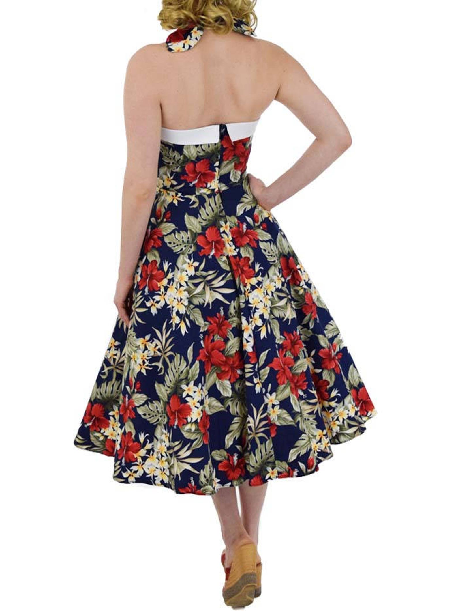 SALE-50s Style Hawaiian Print Halter Dress-1950s Inspired Blue | Etsy