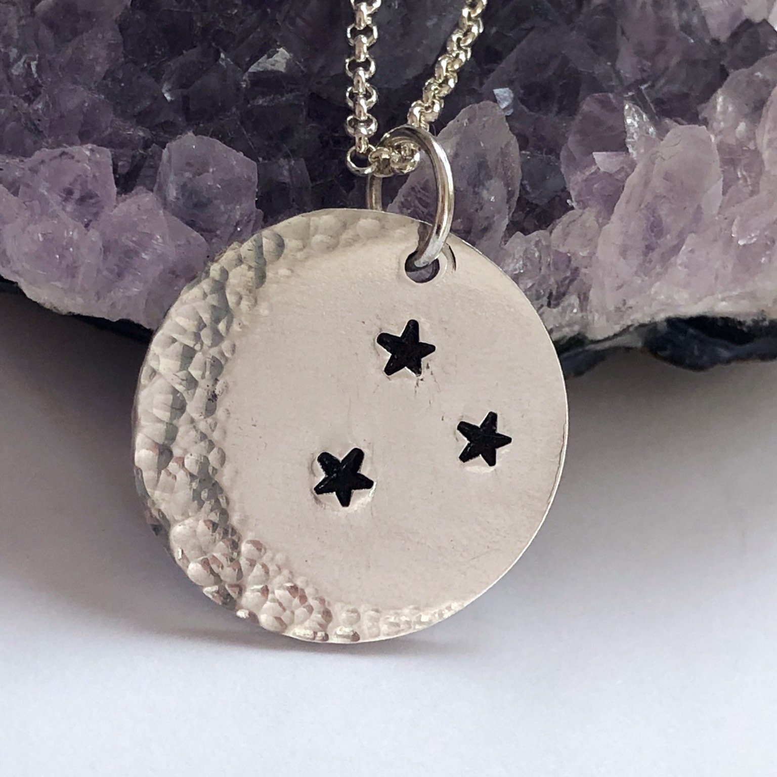 Crescent Moon and Stars Hammered and Stamped Aluminium Pendant | Etsy