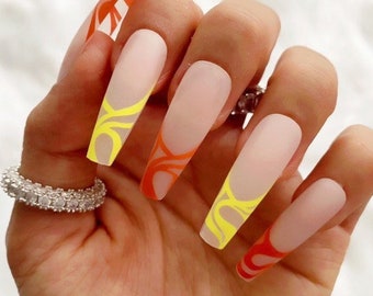 Yellow Orange French / Coffin Nails / Press On Nails / Nail Designs / Fake Nails / Glue On Nails / Stick On Nails / Nails with Designs