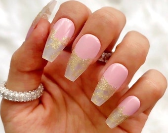 28 Pcs Pink Gold Press On Nails Coffin - Mid Coffin Nails, Nails Press On, Fake Nails, Glue On Nails, Stick On Nails, Nails with Designs