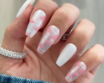 28 Pcs Pink Clouds Press On Nails Coffin - Mid Coffin Nails, Nails Press On, Fake Nails, Glue On Nails, Stick On Nails, Nails with Designs