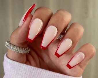 28 Pcs Red French Press On Nails Coffin Mid Coffin Nails Etsy Australia