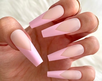 pics Pink Coffin French Tip Acrylic Nails Long long fake nails etsy