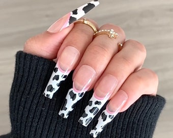 images Long Coffin Shaped French Tip Nails long coffin nails etsy
