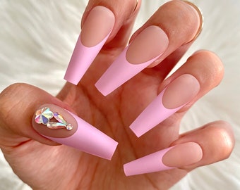 picture Pink Coffin French Tip Acrylic Nails Long french pink nails etsy