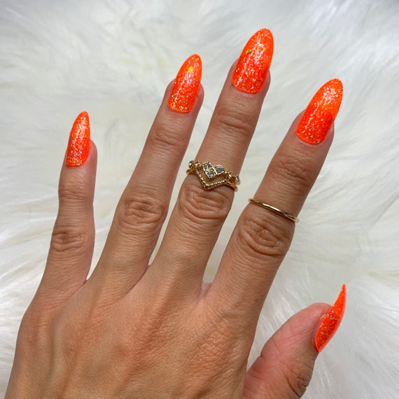 Orange & Gold Glitter Glossy Mid Coffin Press On Nails 24 Pc Nail