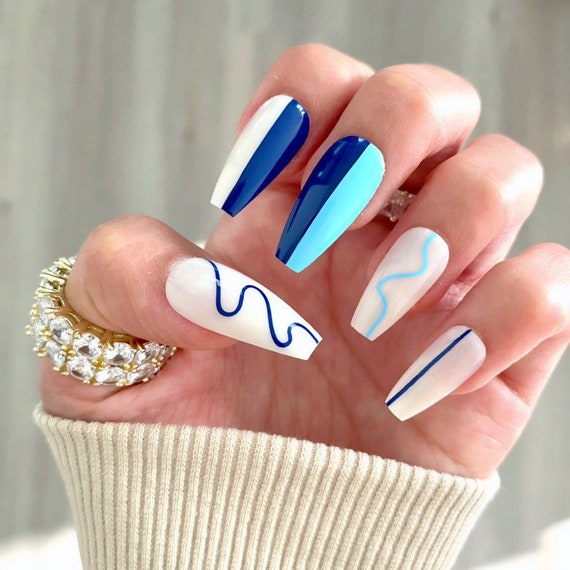 28 Pcs Blue Swirls Press On Nails Coffin Mid Coffin Nails Etsy Canada