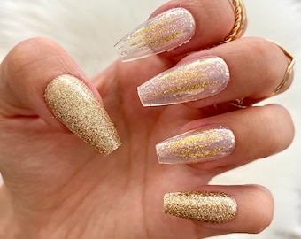 28 Pcs Glitter Gold Press On Nails Coffin - Mid Coffin Nails, Nails Press On, Fake Nails, Glue On Nails, Stick On Nails, Nails with Designs