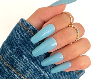 24 Pcs Light Blue Press On Nails Coffin - Mid Coffin Nails, Nails Press On, Fake Nails, Glue On Nails, Stick On Nails, Nails with Designs