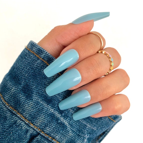 24 Pcs Light Blue Press On Nails Coffin Mid Coffin Nails Etsy