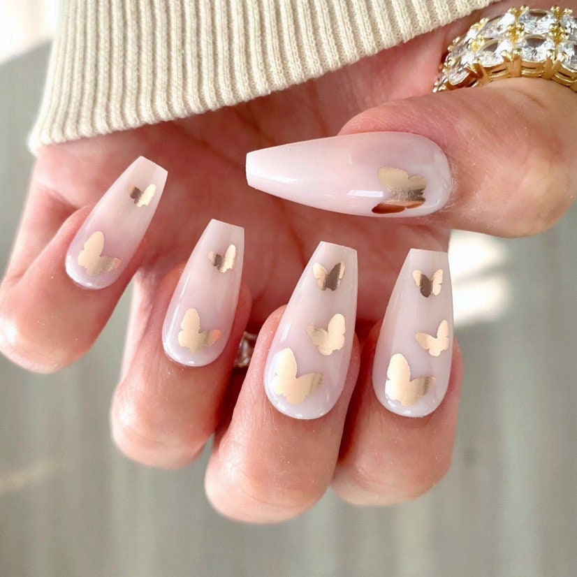 28 Pcs Butterfly Nude Press On Nails Coffin Mid Coffin Etsy