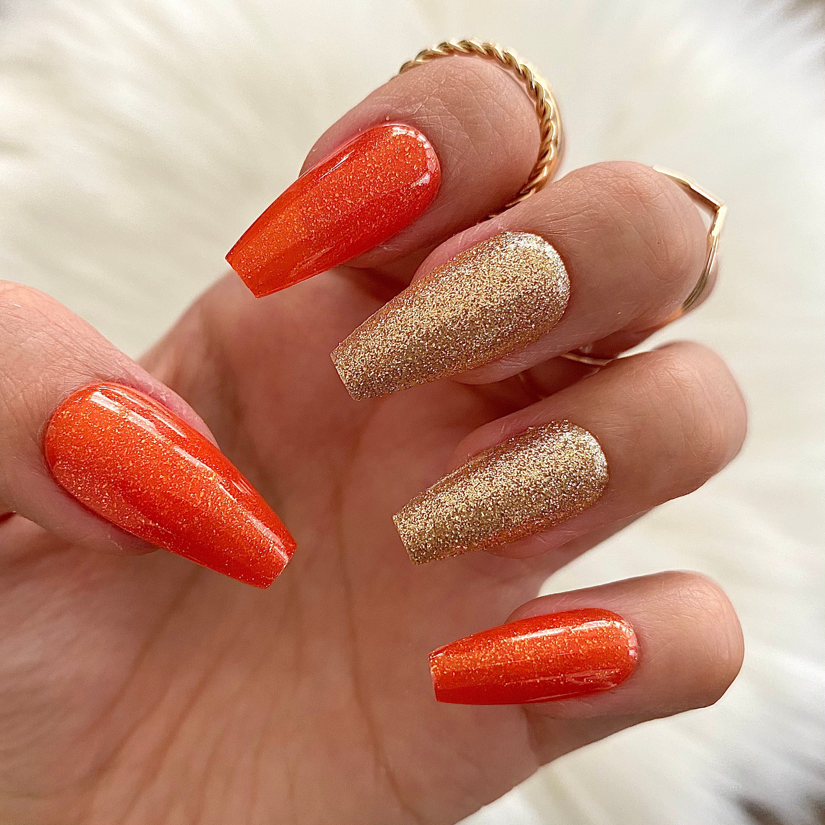 Orange Gold Glitter Glossy Mid Coffin Press On Nails 24 Pc Etsy Denmark