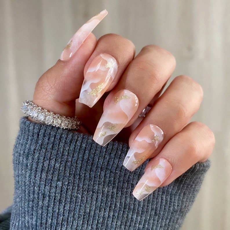 Nude Marble and Pink French Coffin Nails