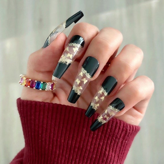 Designer nails. Sculpted fiber gel black & gold nails.Chanel