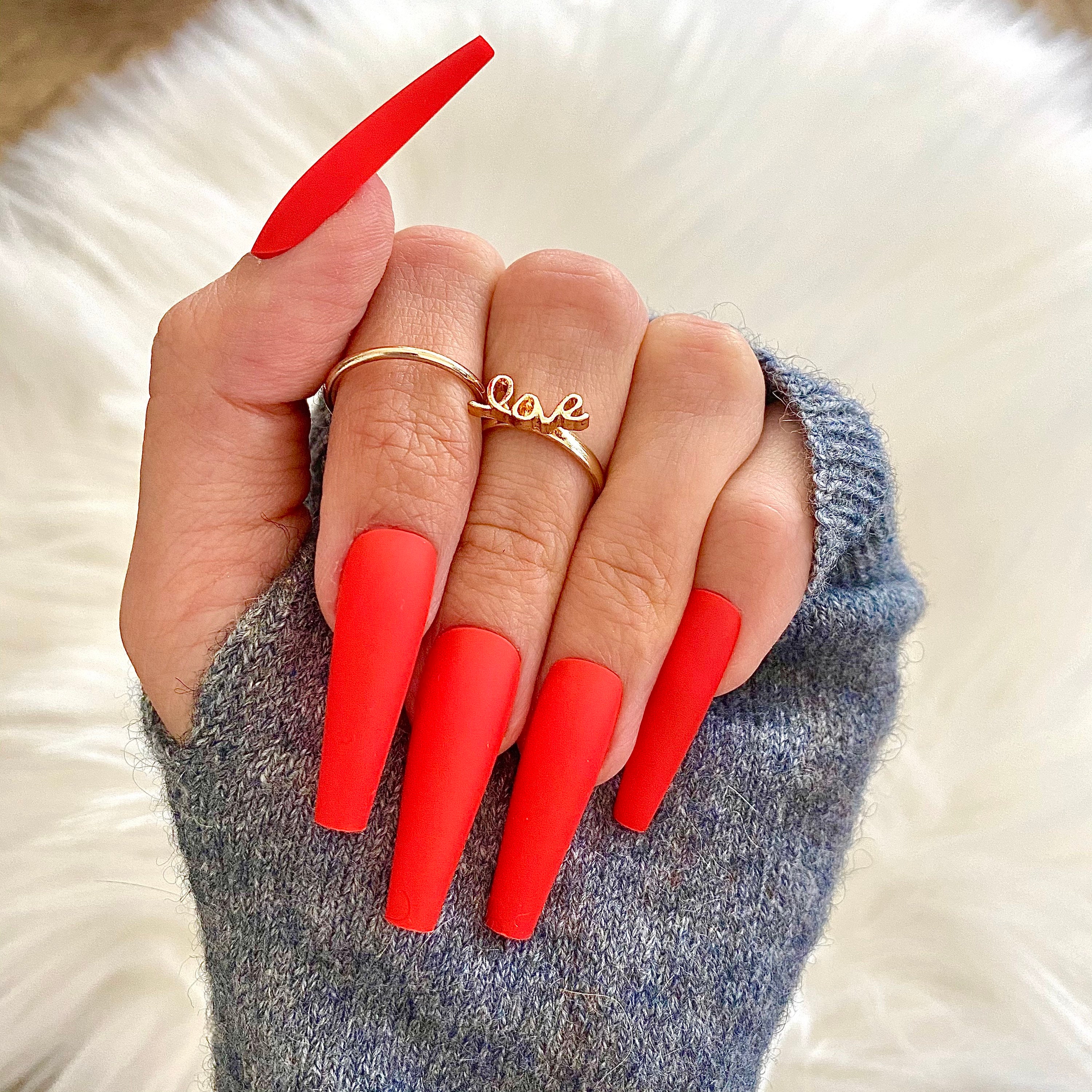 Red Matte Long Coffin Press On Nails 24 Pc Nail Set Fake False Etsy