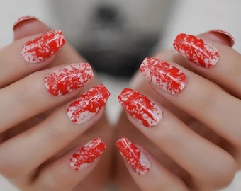 Red Splatter Press On Nails 24 Pc Fake False Nail Kit Set - Ready To Ship