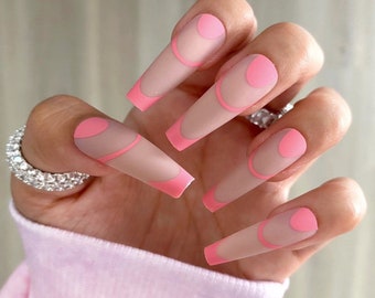 Pink French / Coffin Nails / Press On Nails / Nail Designs / Fake Nails / Glue On Nails / Stick On Nails / Nails with Designs