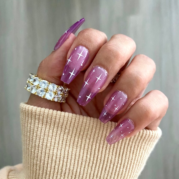 28 Pcs Purple Twinkle Press On Nails Coffin - Mid Coffin Nails, Nails Press On, Fake Nails, Glue On Nails, Stick On Nails, Artificial Nails